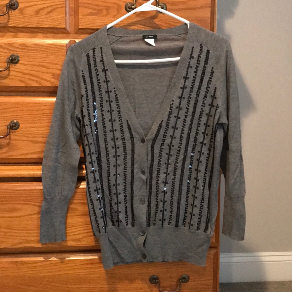 J Crew Gray Cardigan w Black Sequins Size M